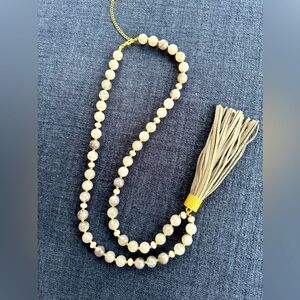 30in Beaded necklace gray with leather tassel mala – like